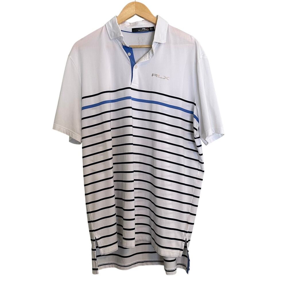 RLX Ralph‎ Lauren Polo Shirt Mens L White Striped Performance Golf Short Sleeve